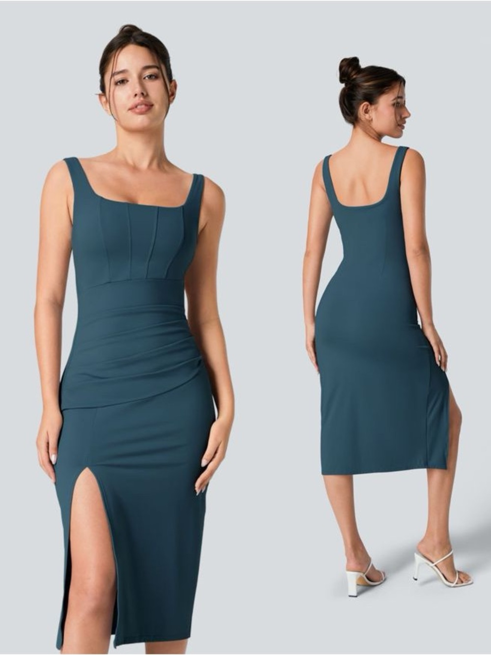 NWOT | SoftlyZero™ Airy Square Neck Backless Corset Ruched Split Bodycon Midi